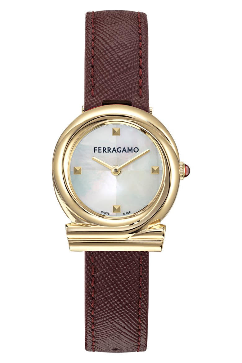 Gancini Twisted Leather Strap Watch, 28mm, Main, color, IP YELLOW GOLD