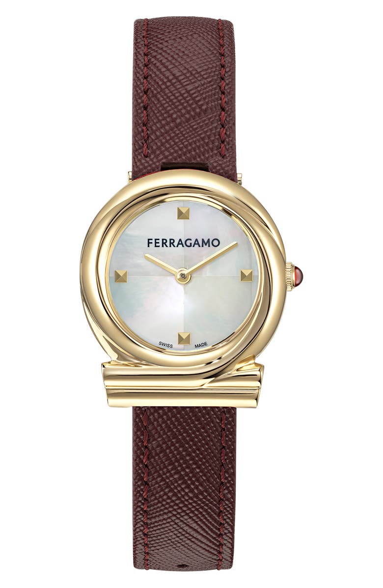 FERRAGAMO Gancini Twisted Leather Strap Watch, 28mm, Main, color, Ip Yellow Gold
