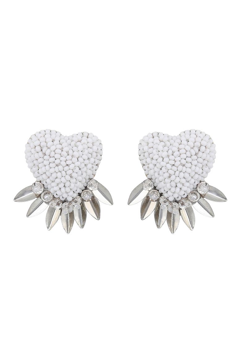 Danika Beaded Fringe Heart Stud Earrings, Main, color, WHITE