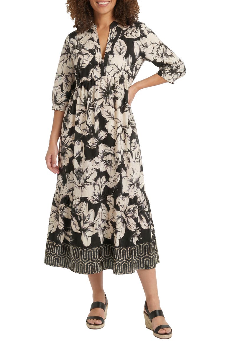 Floral Empire Waist Midi Dress, Main, color, BLACK/ONYX/EGGNOG