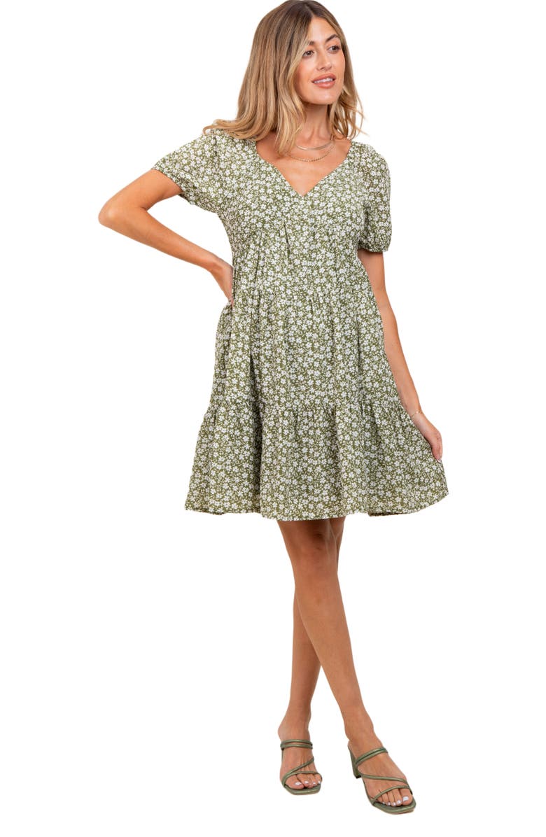 PinkBlush Olive Floral Tiered V-Neck Mini Dress, Main, color, Light Olive