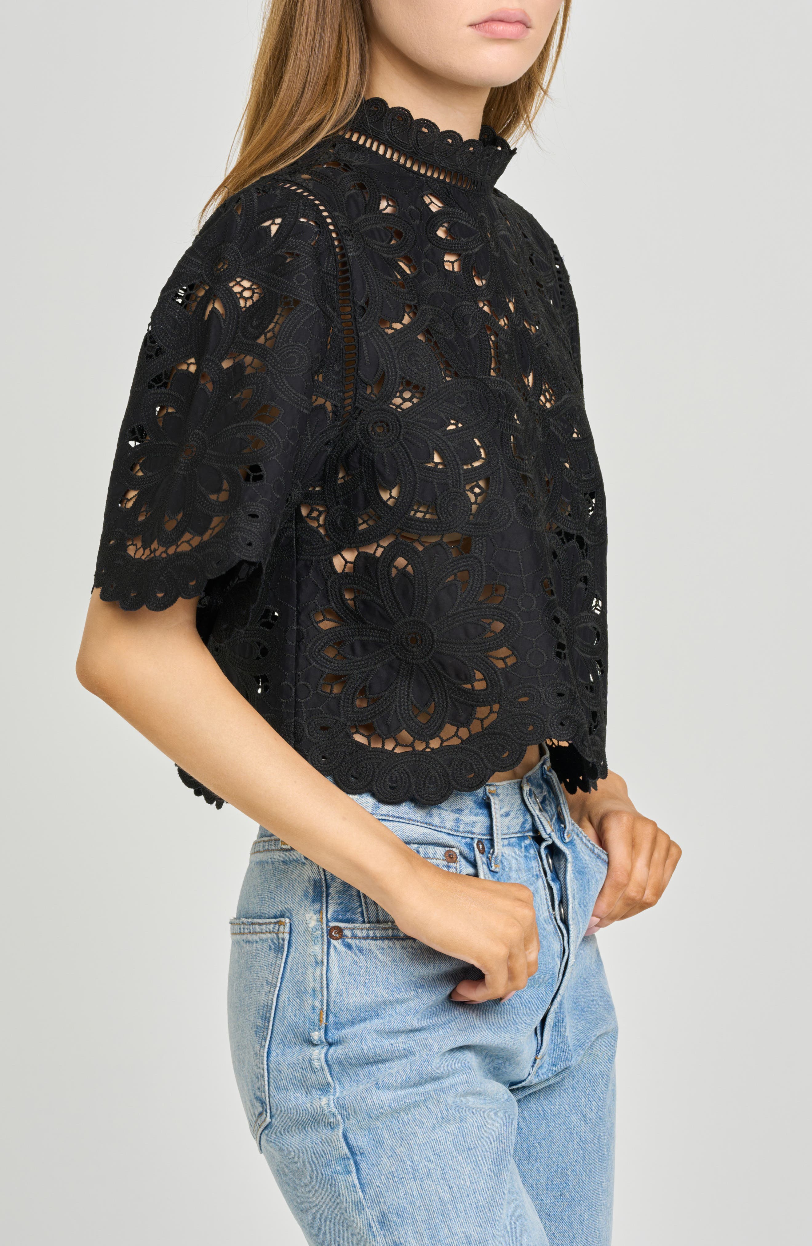 WAYF Mary Floral Embroidered Mock Neck Top (Women) | Nordstrom