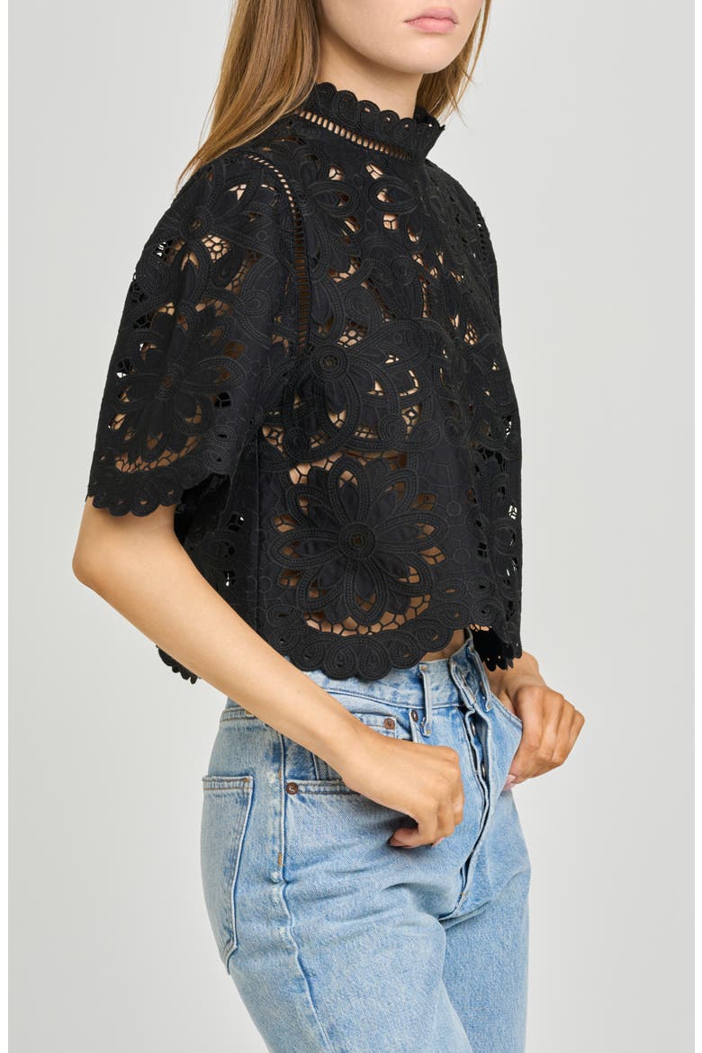 Mary Floral Embroidered Mock Neck Top, Alternate, color, BLACK