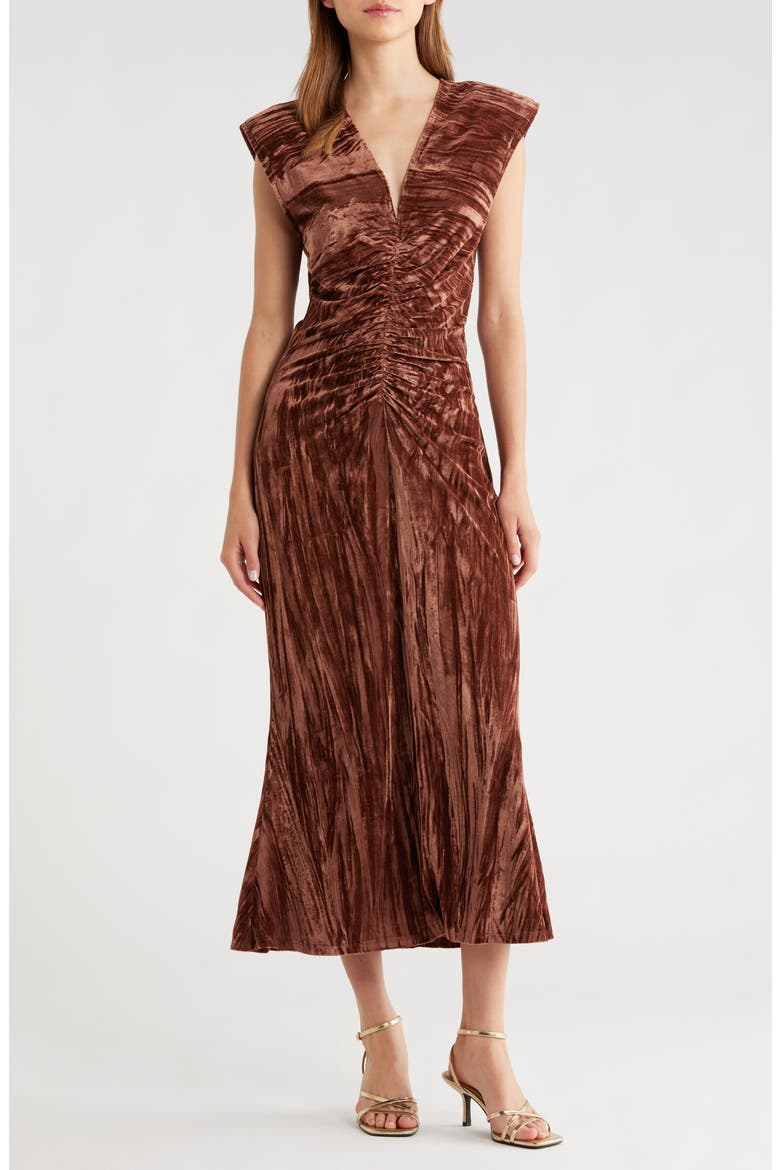 Daisha Ruched Velour Midi Dress, Main, color, BROWN