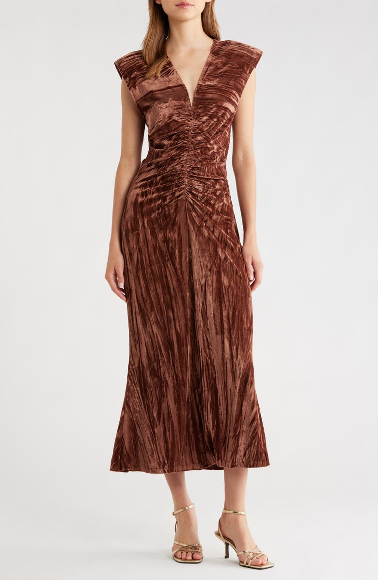 ASTR the Label Daisha Ruched Velour Midi Dress, Main, color, Brown