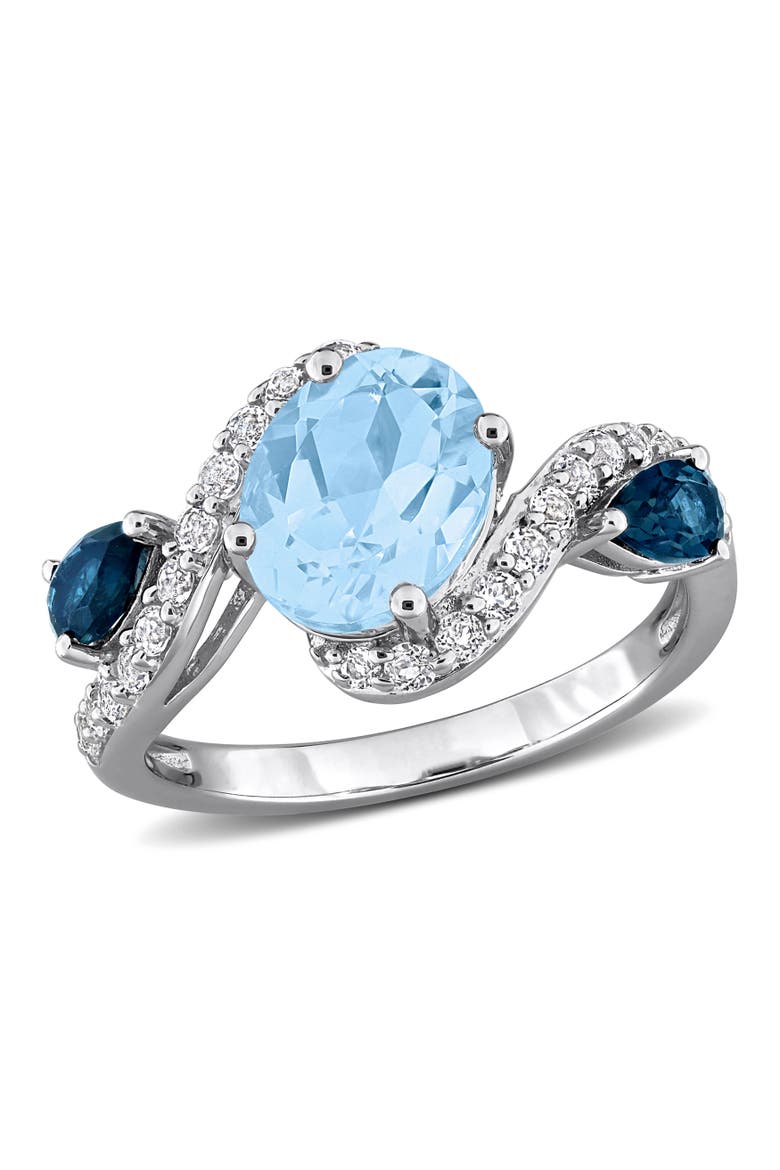 Gemstone & White Topaz 3-Stone Swirl Ring, Main, color, Blue Topaz/Sterling Silver
