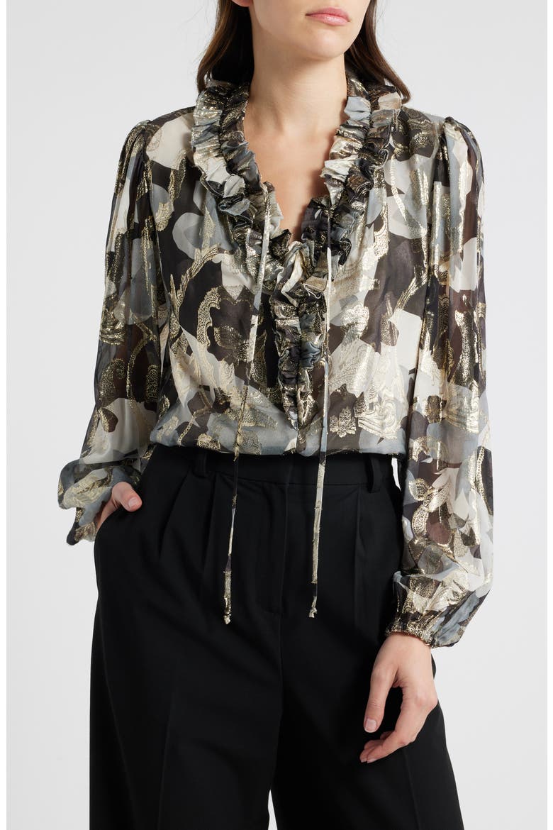 Boden Metallic Floral Tie Neck Silk Blend Top, Main, color, GRAPHITE M