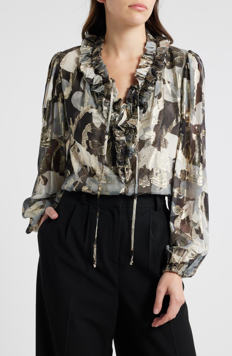 KOBI HALPERIN Boden Metallic Floral Tie Neck Silk Blend Top, Main, color, Graphite M