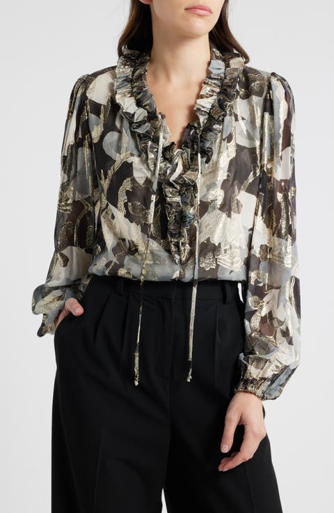 Boden Metallic Floral Tie Neck Silk Blend Top