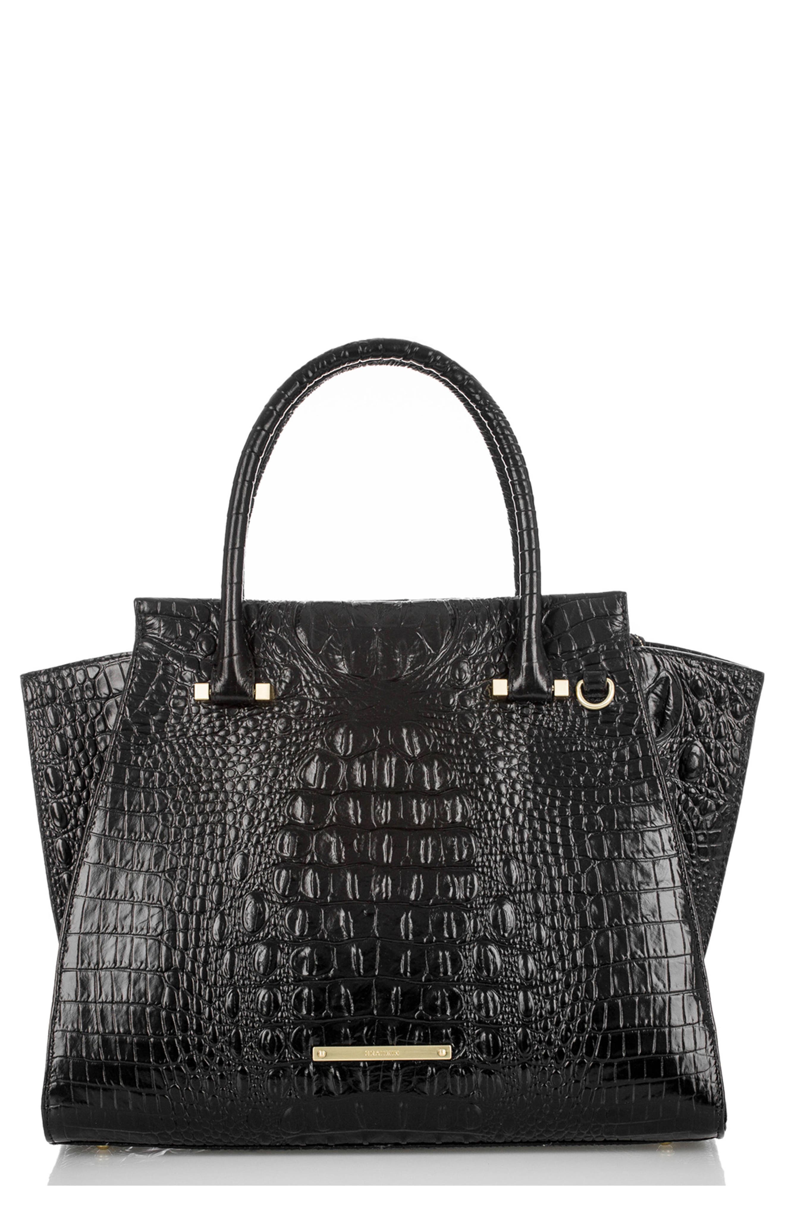 'Priscilla' Croc Embossed Leather Satchel, Main, color, BLACK
