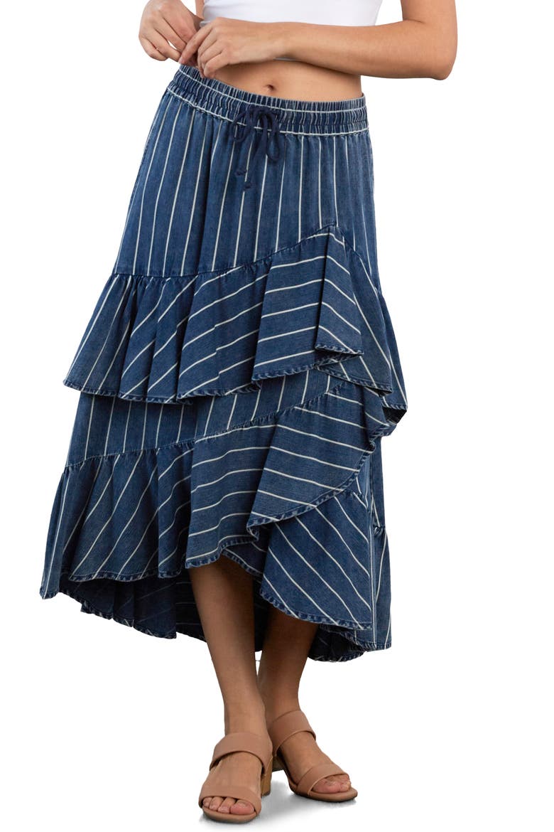 Moonlit Ruffle Midi Skirt, Alternate, color, INDIGO CABANA STRIPE