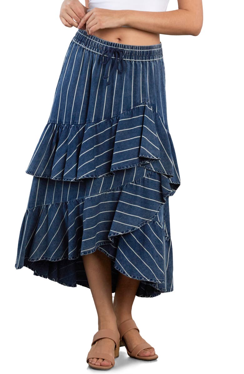 Wash Lab Denim Moonlit Ruffle Midi Skirt, Alternate, color, Indigo Cabana Stripe