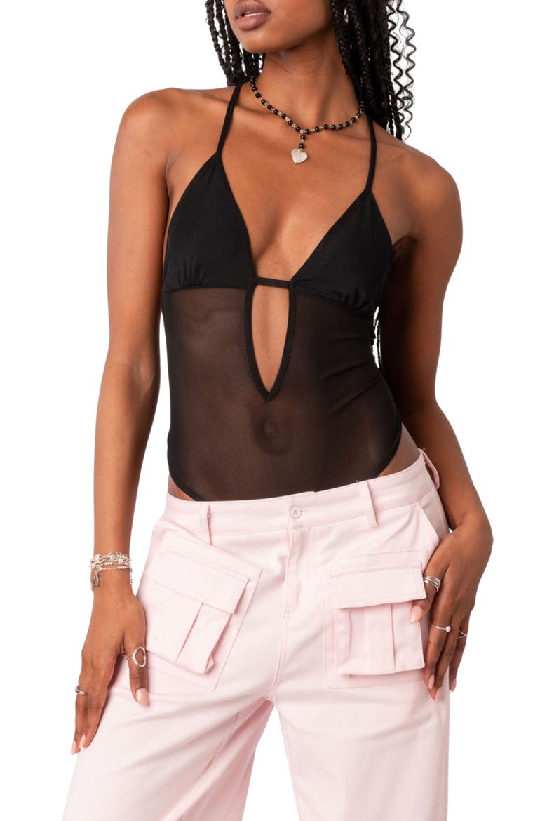 Alva Sheer Mesh Panel Bodysuit, Main, color, BLACK
