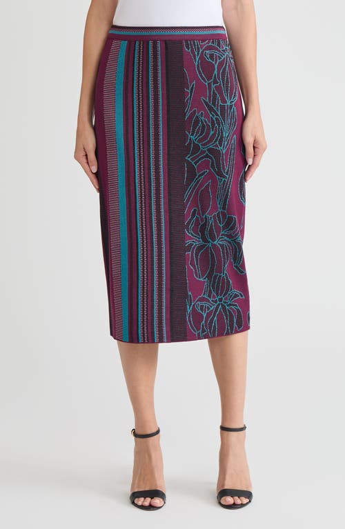 Ming Wang Multi-pattern Jacquard Soft Knit Straight Midi Skirt In Purple