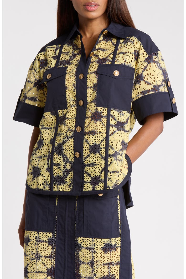 Printed Broderie Anglaise Shirt, Main, color, BUTTER-INDIGO MULTI