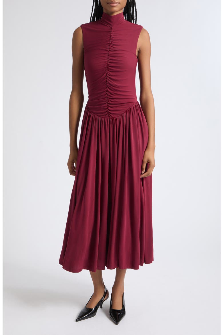 Faria Center Ruched Sleeveless Midi Dress, Main, color, OXBLOOD