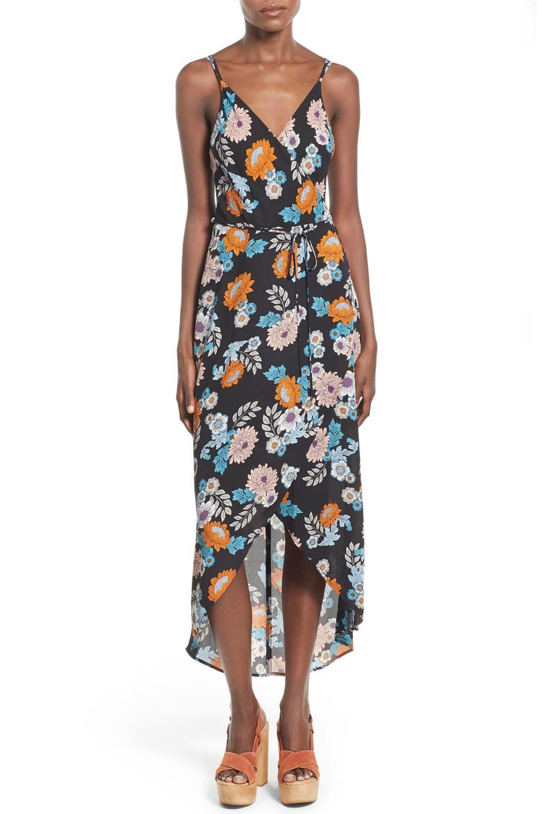 ASTR Wrap Front High/Low Dress, Main, color, BLACK FOLK FLORAL