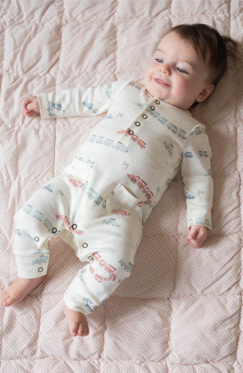 Pehr Henley Patch Pocket Organic Cotton Romper, Alternate, color, Locomotive