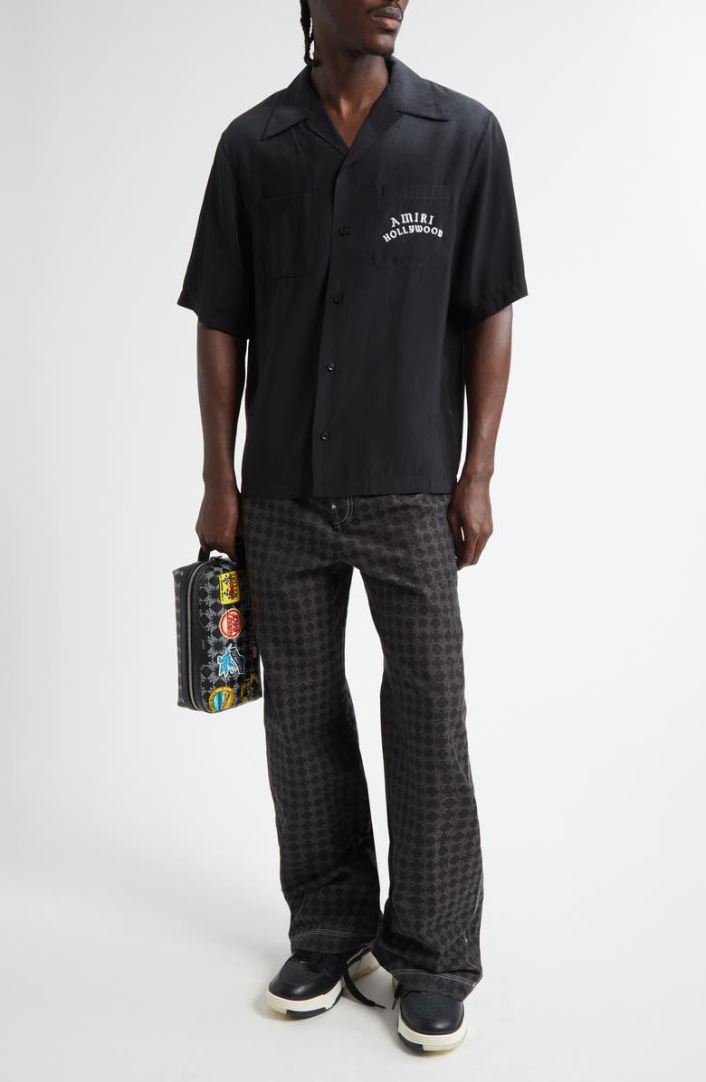 AMIRI Hollywood Appliqué Bowling Shirt, Alternate, color, Black