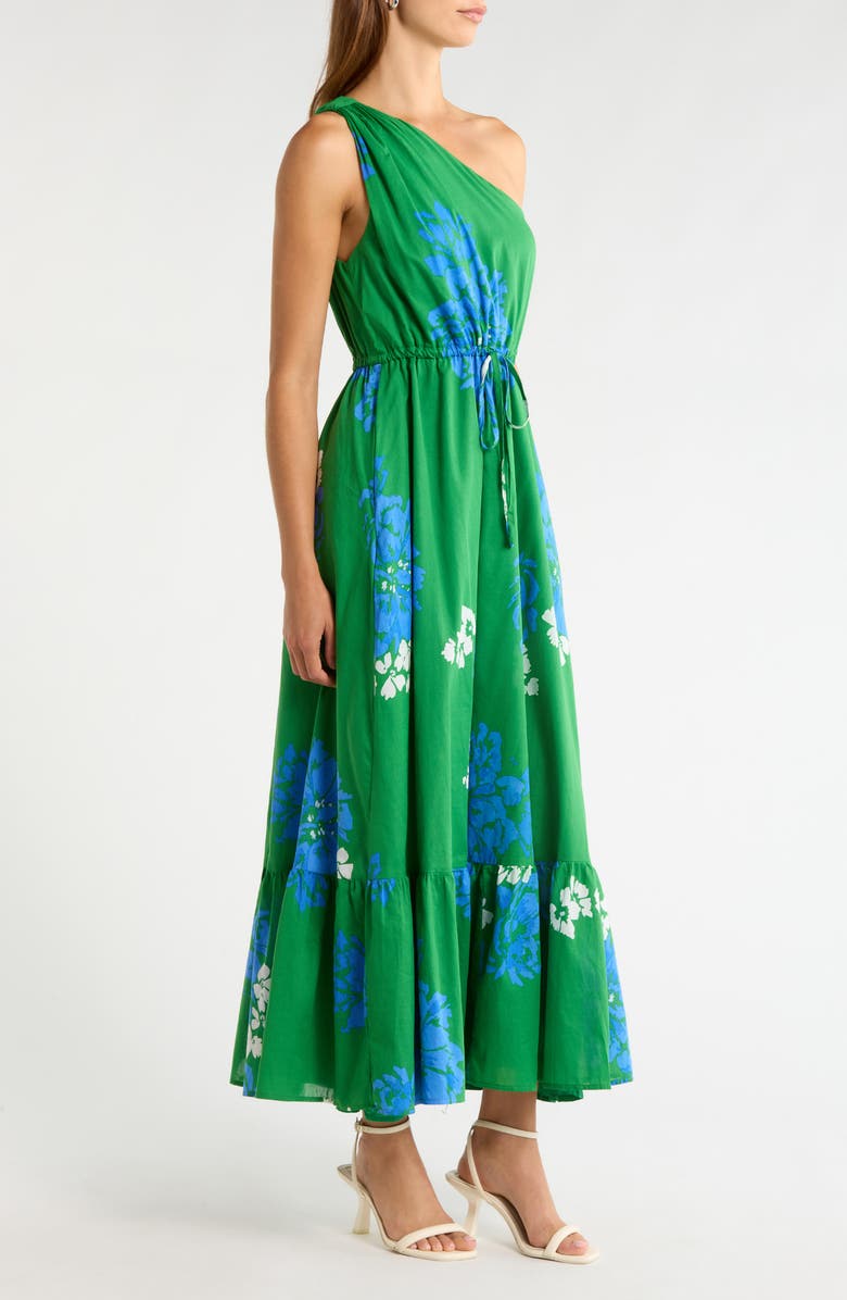 SUGARLIPS Hemmi Floral Print Tie Waist One-Shoulder Maxi Dress, Alternate, color, Green-Blue-White