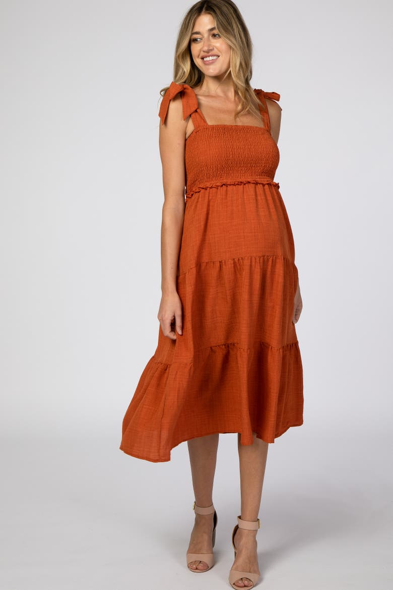 Bow Strap Tiered Midi Dress, Alternate, color, Rust