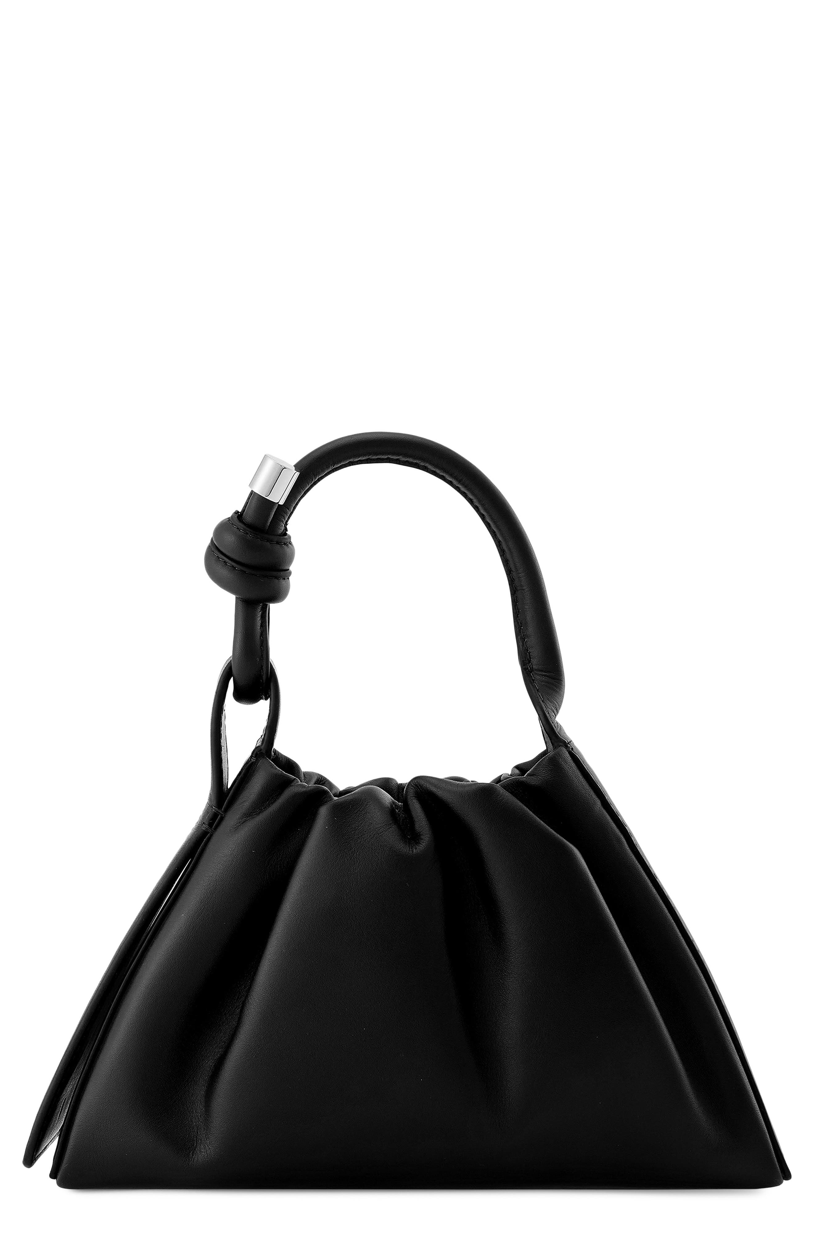 behno Mini Tina Ruched Metallic Leather Baguette Top Handle Bag, Main, color, Black