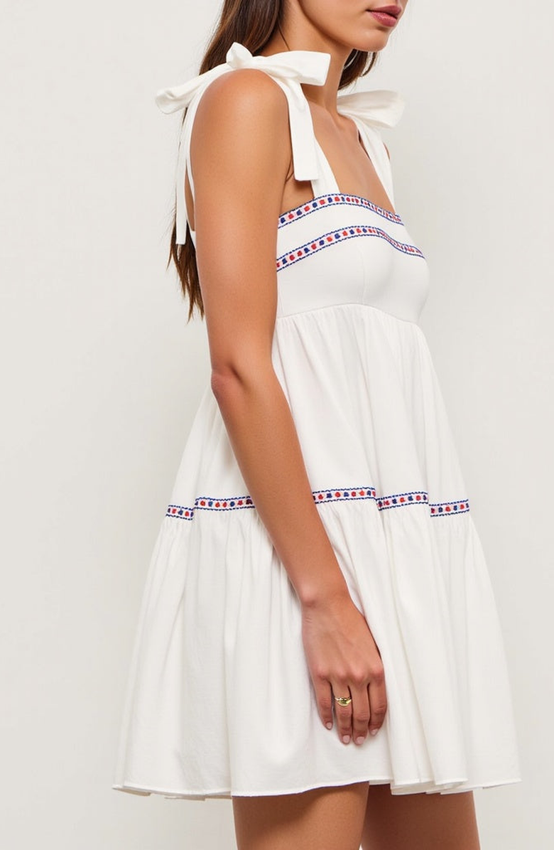 Modenaire Sleeveless Tiered Mini Dress with Embroidered Trim and Tie Straps, Alternate, color, White / Blue / Red