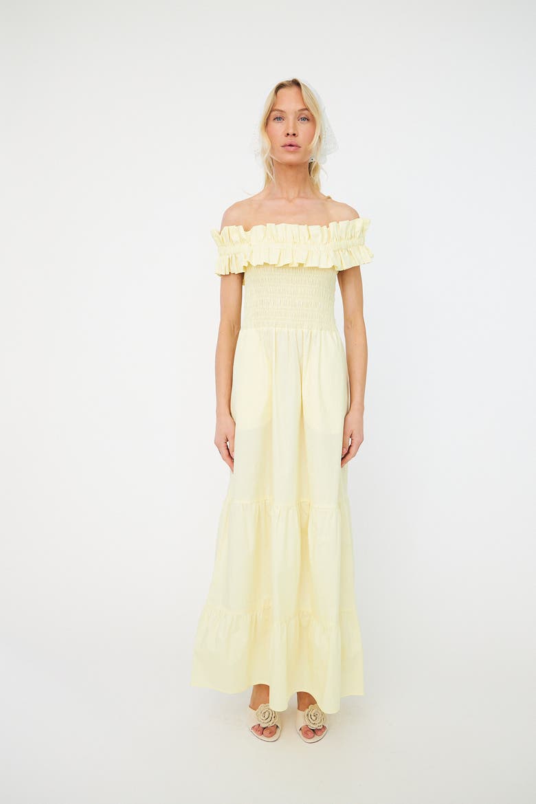 Capri Bardot Ruffle Maxi Dress, Main, color, French Vanilla