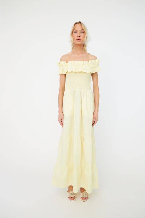 Capri Bardot Ruffle Maxi Dress