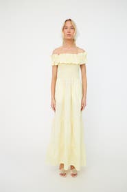 CRAS Capri Bardot Ruffle Maxi Dress