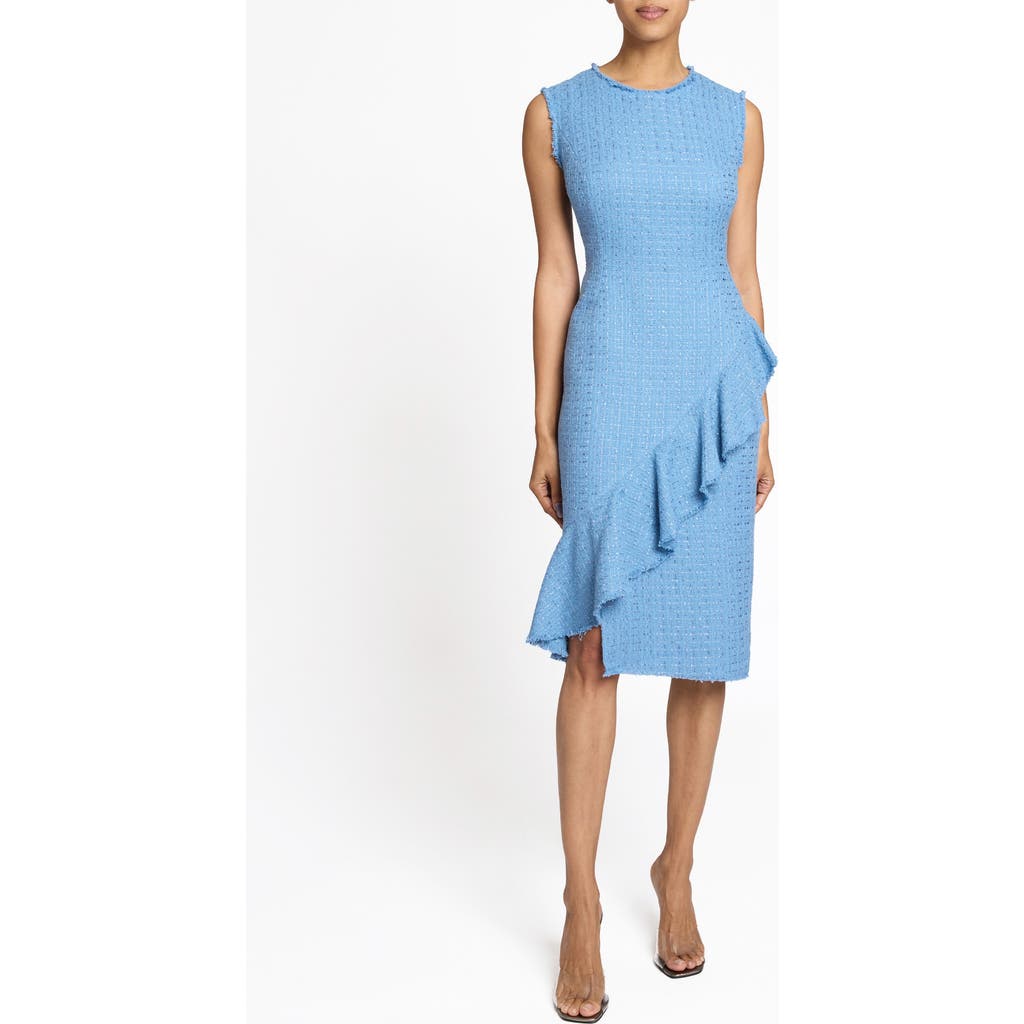 Santorelli Cami Sleeveless Luxury Tweed Sheath Dress With Skirt Ruffle In Marine Blue