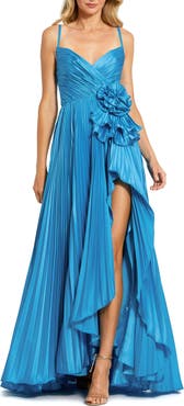 Mac Duggal Women’s Pleated Charmeuse Gown with Floral Detail, and High Slit