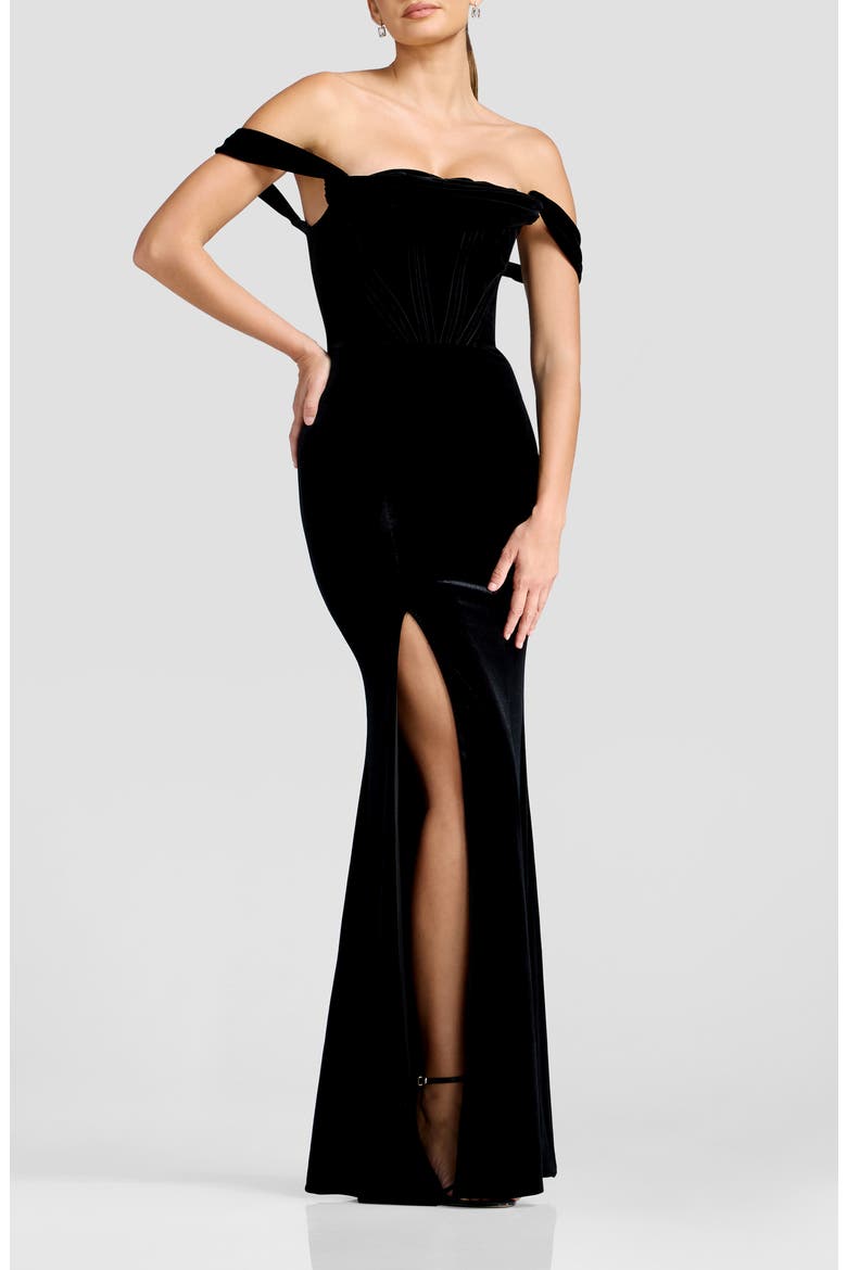Melania Off the Shoulder Velvet Gown, Main, color, BLACK