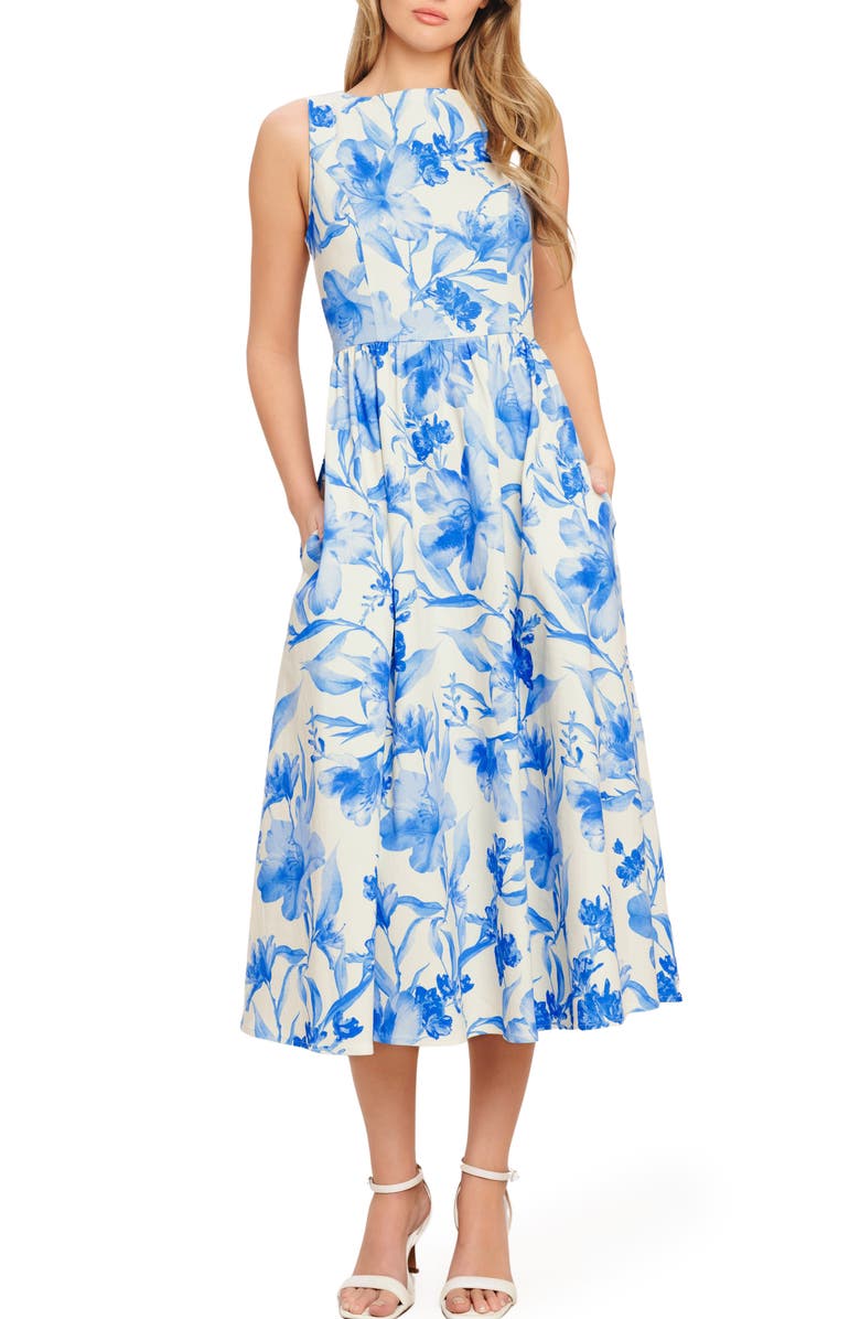 FLYING TOMATO Print Bow Twill Midi Dress, Main, color, Ivory Blue