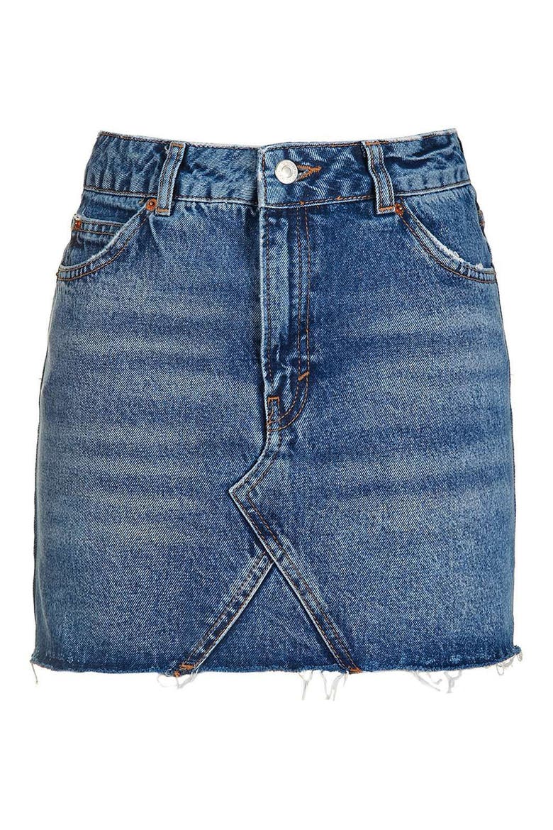 Topship Denim A-Line Miniskirt, Main, color, MID DENIM