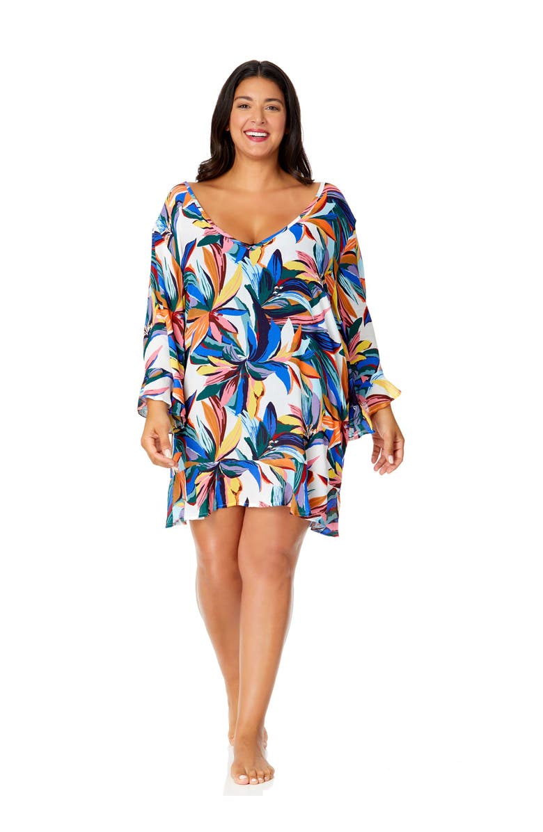 Anne Cole Women's Plus Riviera Floral Flounce V Neck Tunic Swimsuit Cover Up, Alternate, color, Riviera Floral