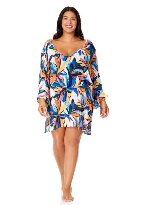 Anne Cole Plus Riviera Floral Flounce V Neck Tunic Swimsuit Cover Up In Riviera Floral