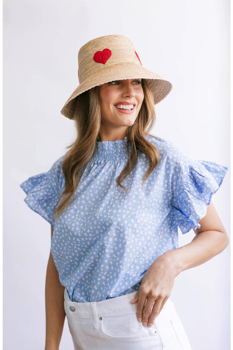 Embroidered Heart Palm Straw Bucket Hat, Alternate, color, RED