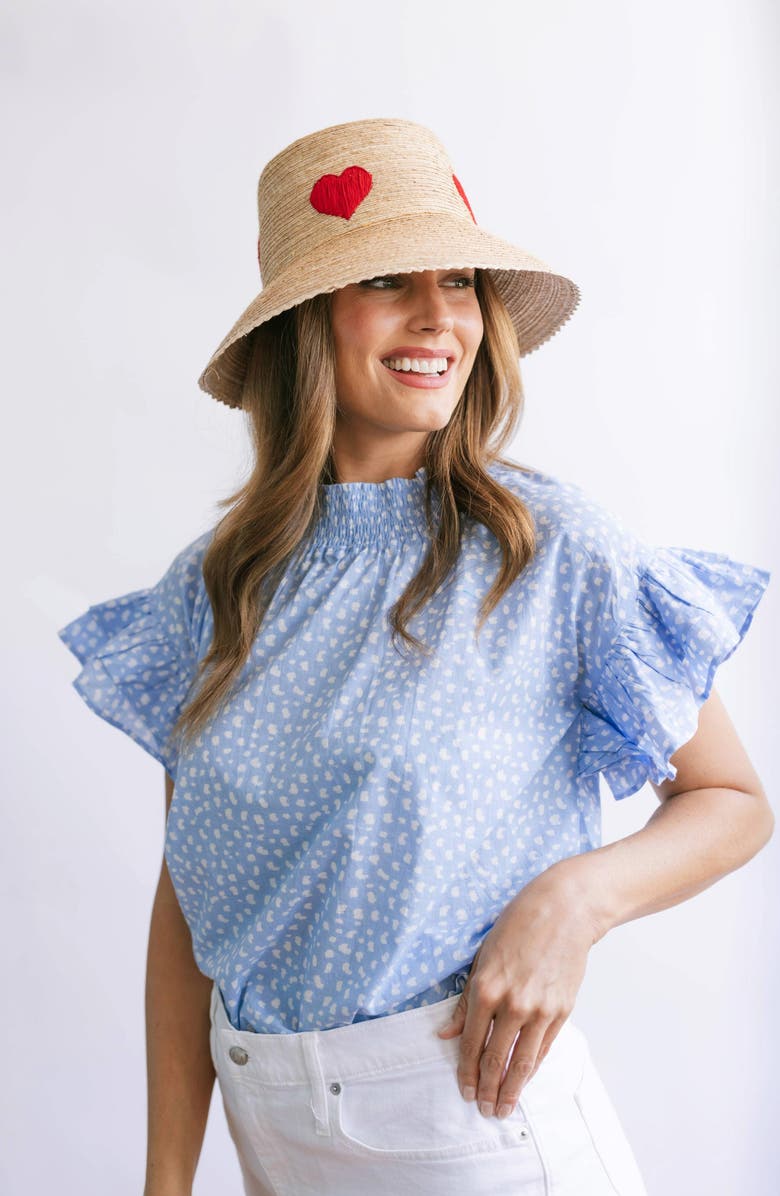 Sunshine Tienda Embroidered Heart Palm Straw Bucket Hat, Alternate, color, Red