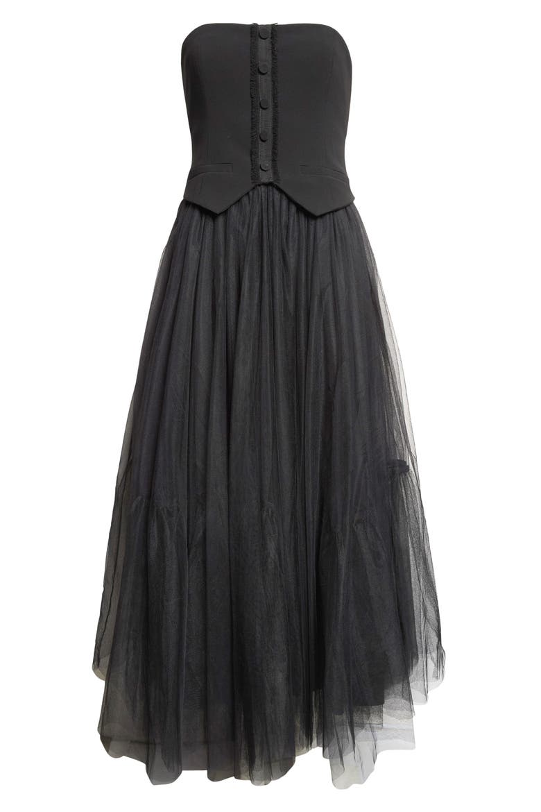 Lunelle Strapless Mixed Media Midi Dress, Alternate, color, BLACK
