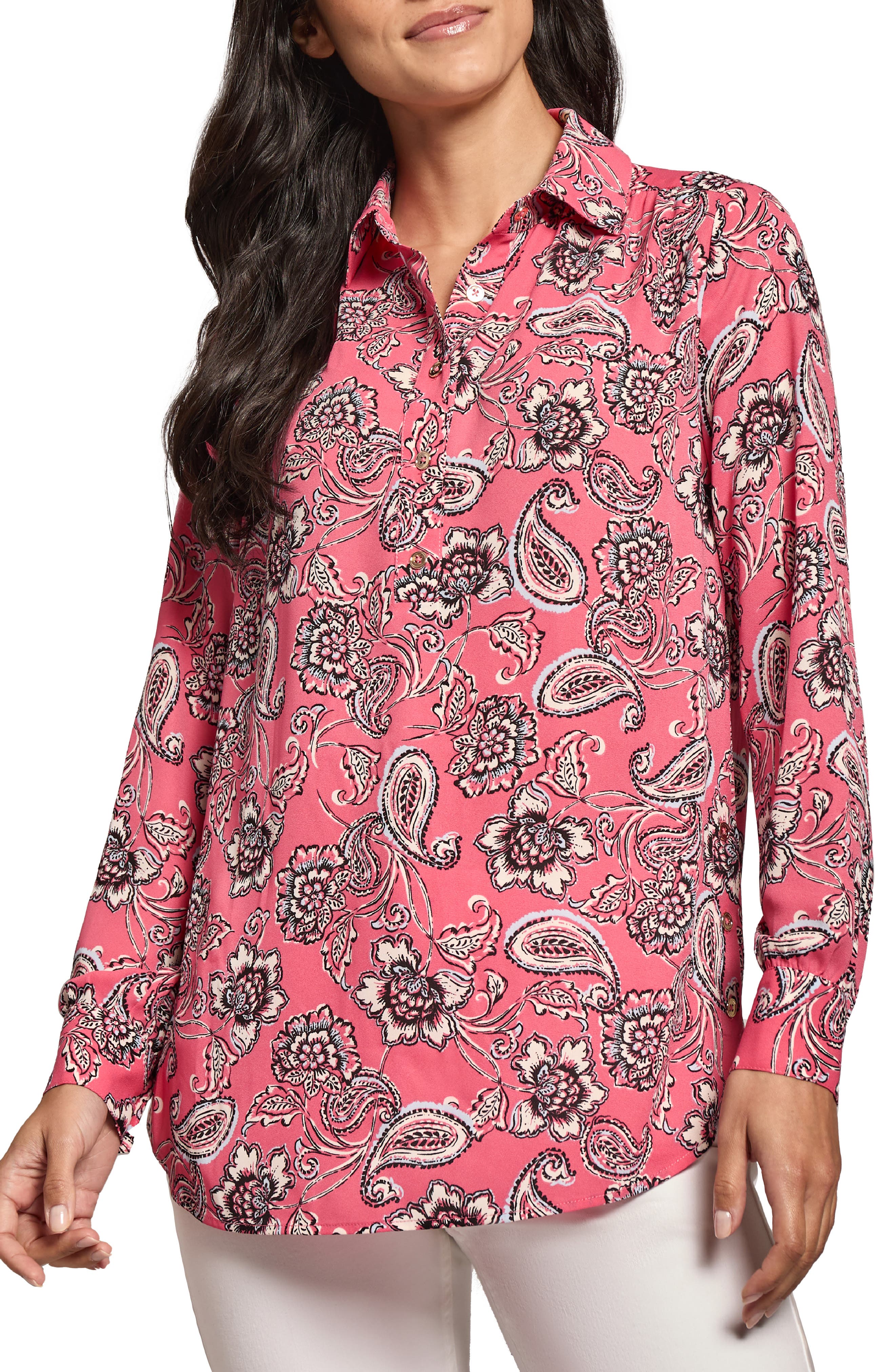 Jones New York Paisley Print Side Button Popover Top in Fresh Guava Multi 