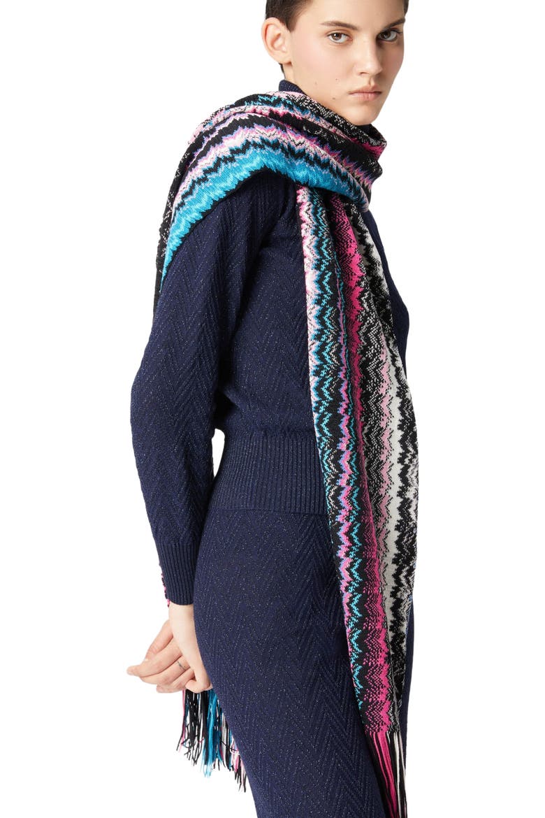 Wool And Viscose Scarf With Fringes, Alternate, color, Black Multi