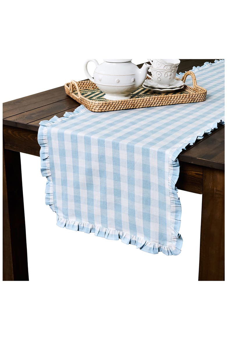 Gingham Ruffle Cotton & Linen Table Runner, Alternate, color, OCEAN