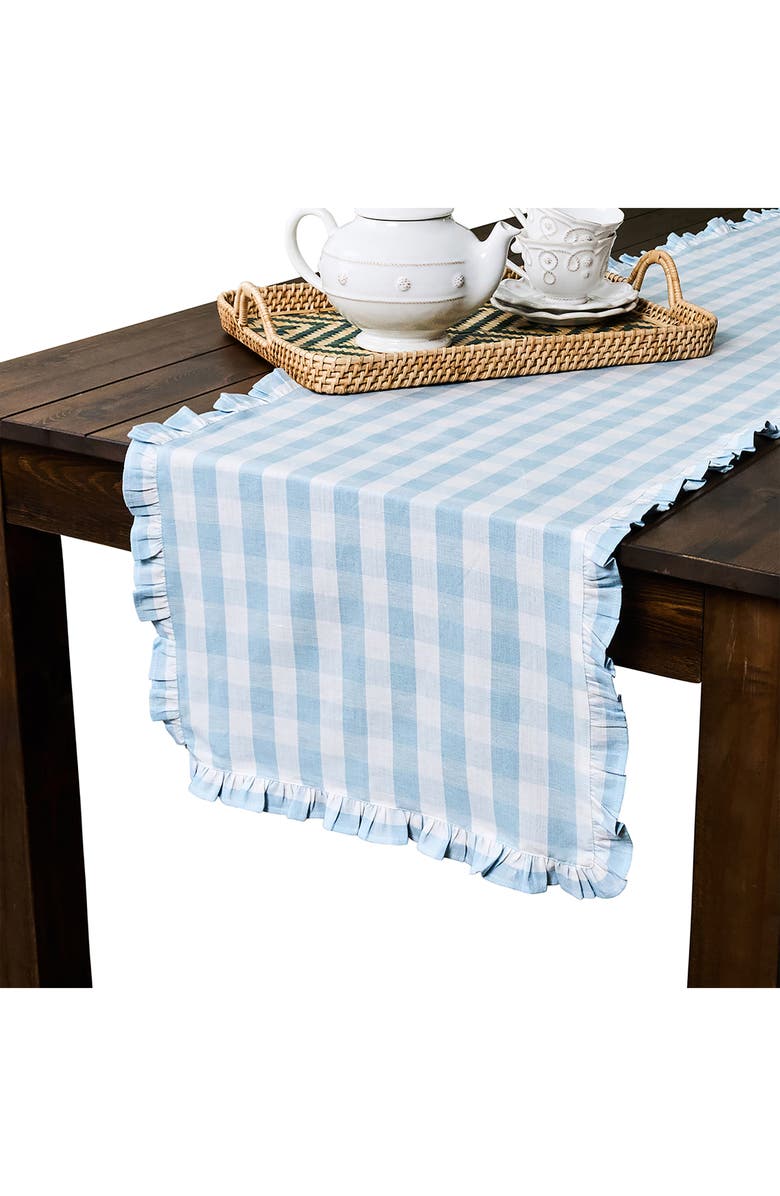 Juliska Gingham Ruffle Cotton & Linen Table Runner, Alternate, color, Ocean