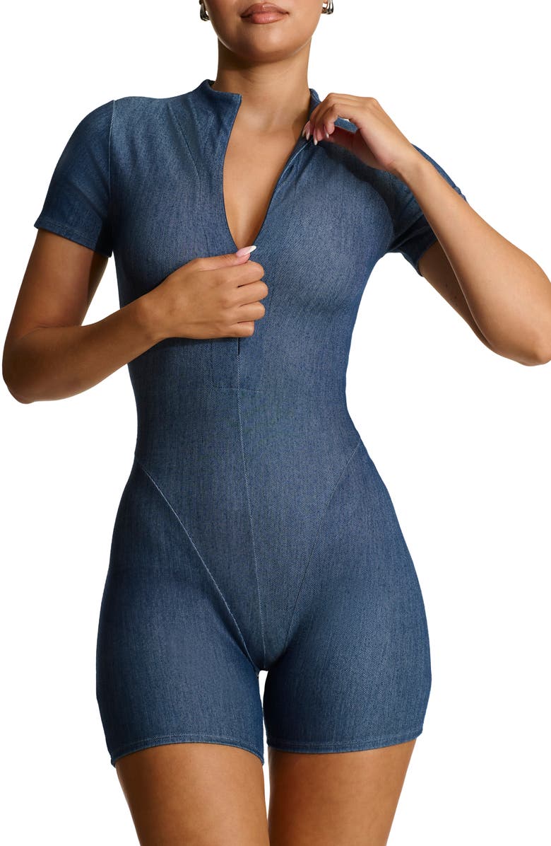 Naked Wardrobe Front Zip Denim Romper, Alternate, color, Denim