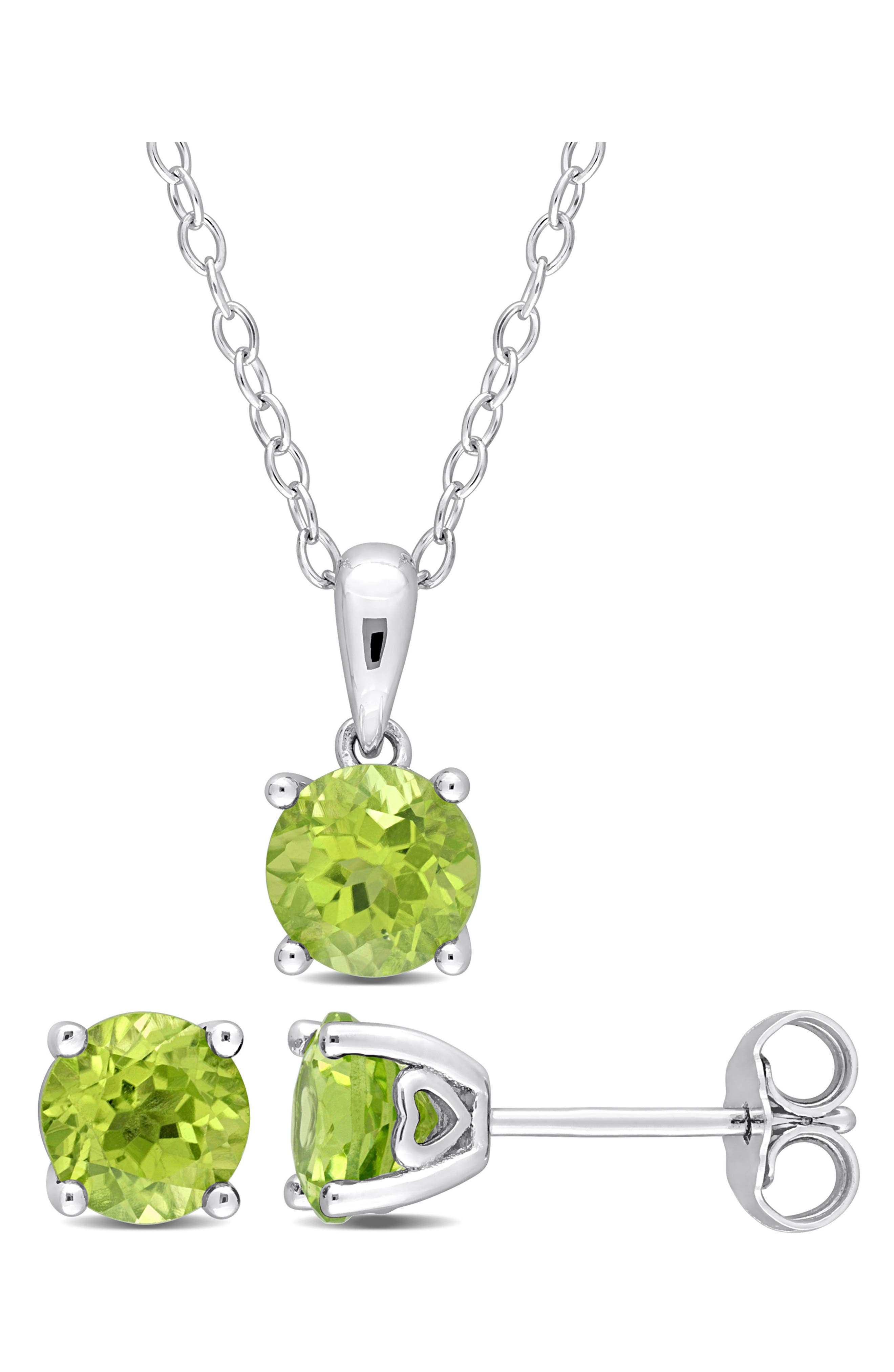 DELMAR Sterling Silver Round Peridot Stud Earrings & Necklace Set