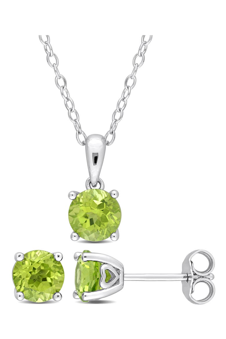 Sterling Silver Round Peridot Stud Earrings & Necklace Set, Main, color, GREEN