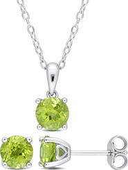 DELMAR Sterling Silver Round Peridot Stud Earrings & Necklace Set