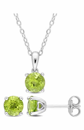 Sterling Silver Round Peridot Stud Earrings & Necklace Set