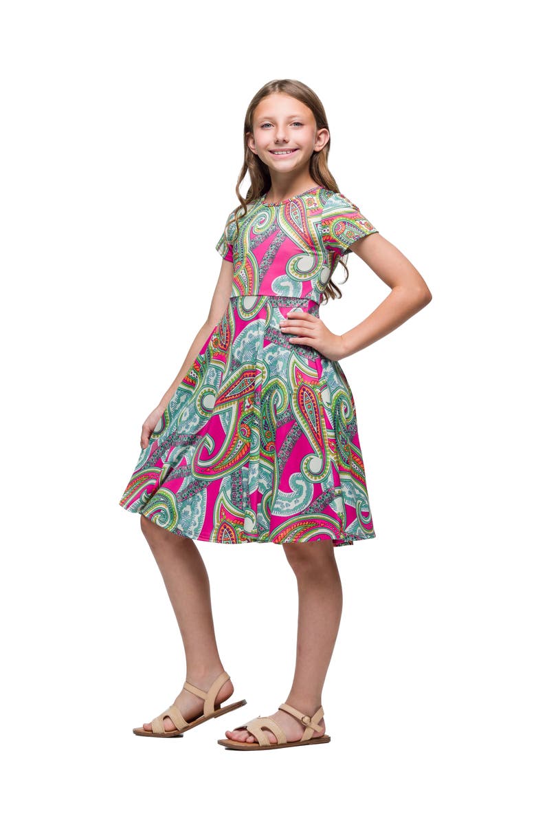 24sevenKid Pink Paisley Print Short Sleeve Fit and Flare Dress, Alternate, color, Pink Multi